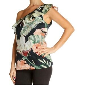 Ann Taylor Blue Tropical Floral Ramie Cotton Ruffle One Shoulder Top - M
